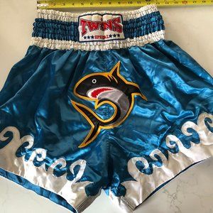 Twins Muay Thai Boxing Shorts, Waist 28” to 30”, Blue, White, Shark, Waves